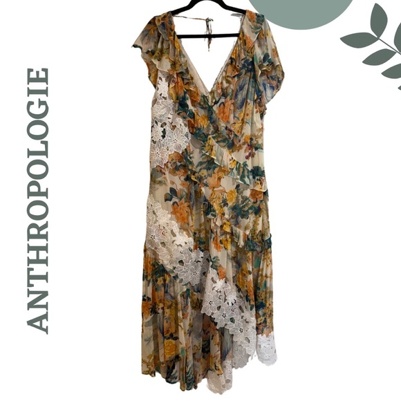 Anthropologie Floral Ruffle Maxi Hi Low Dress - V Neck Lined Romantic Size 20W - Picture 6 of 13